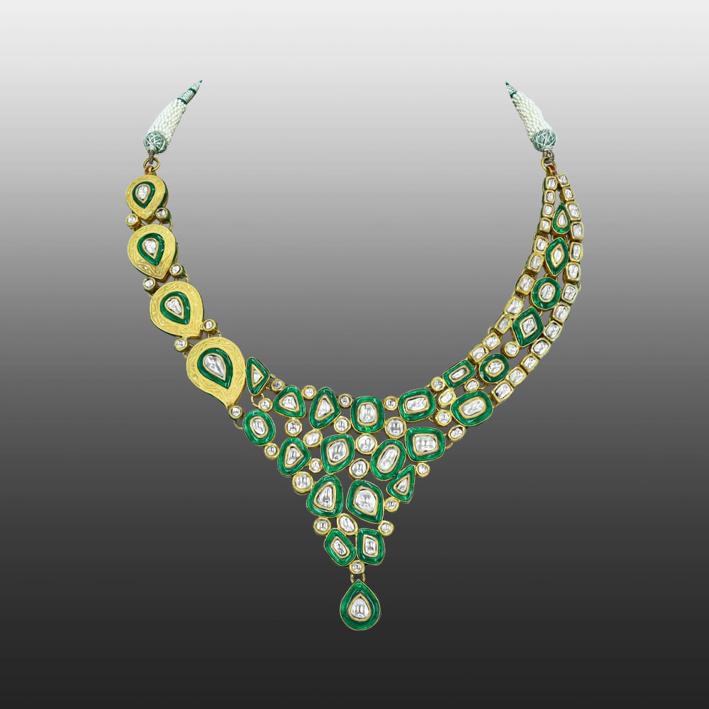 Cascading Polki Necklace with Green Enamel and Teardrop Center